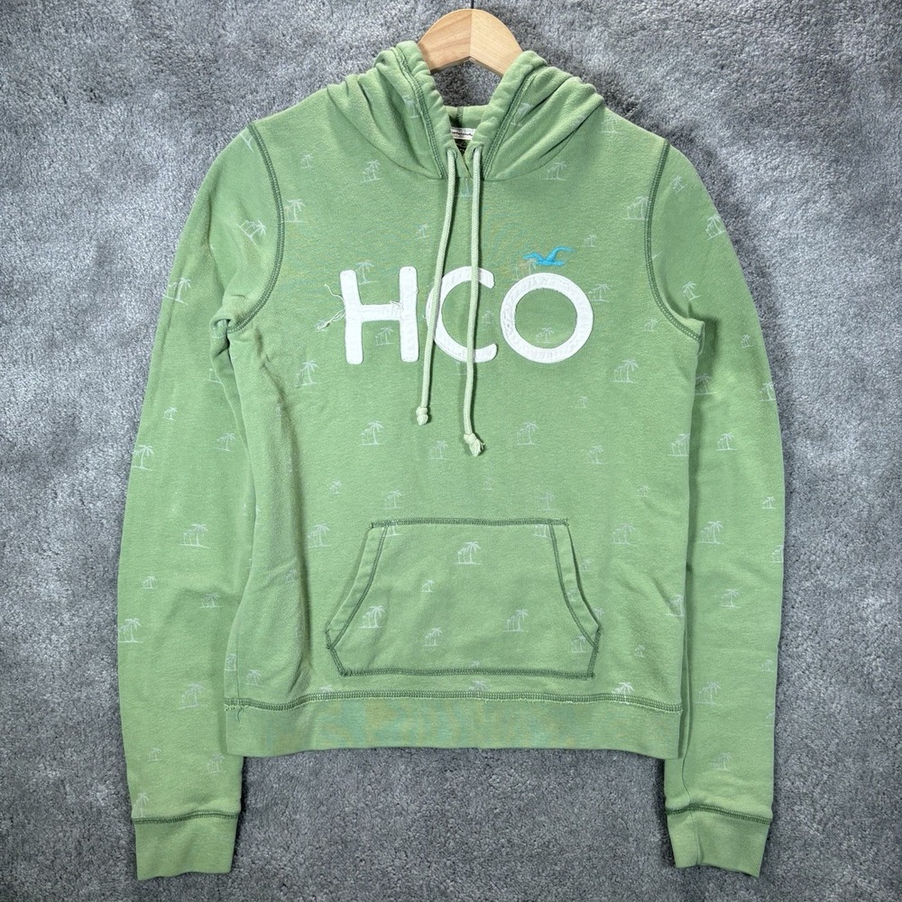 Vintage Hollister Hoodie Sweatshirt Womens L Pullover Green Fleece Applique Y2K